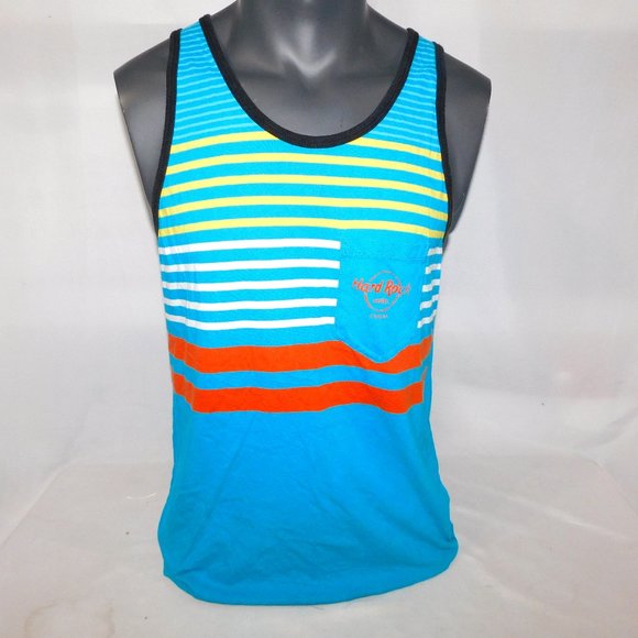 Hard Rock Hotel Cancun Mexico Mens L Striped Tank Top Blue Yellow Orange White - Picture 1 of 8